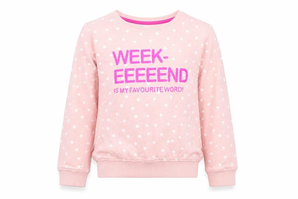 Front view of riogirl girls’ pink polka dot pullover sweatshirt, size 9-10, years
