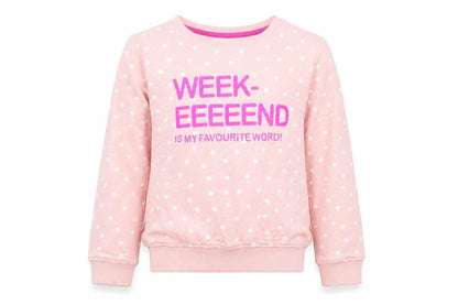 Front view of riogirl girls’ pink polka dot pullover sweatshirt, size 9-10, years