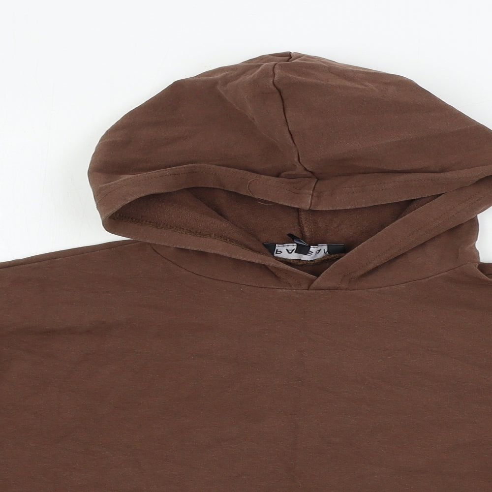 Close-up detail of Parisian women’s brown pullover hoodie, size UK 8
