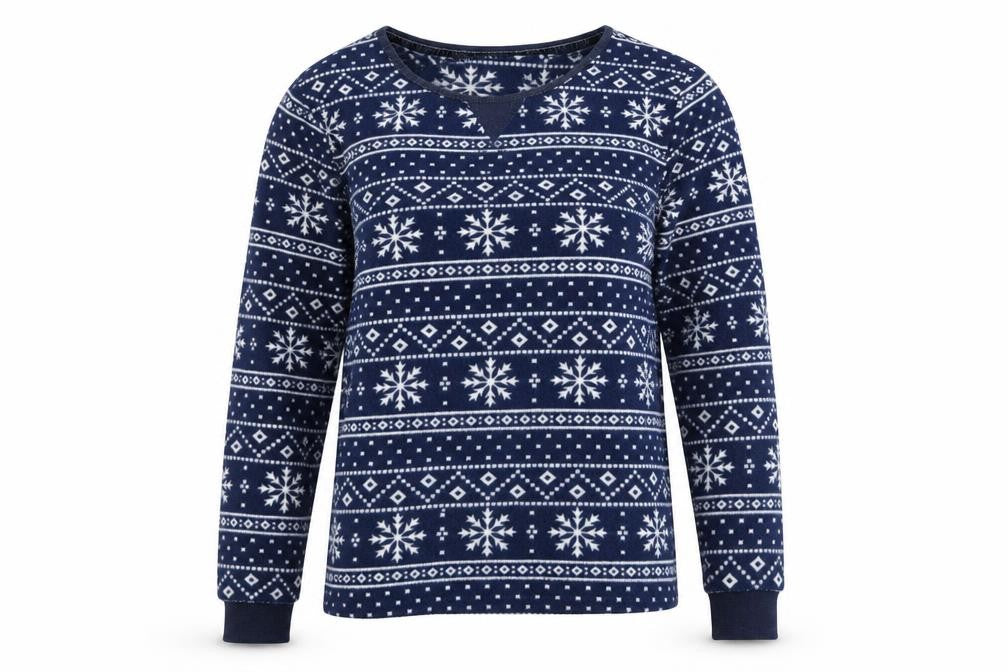 Front view of Debenhams women’s blue geometric jumper, size UK 10