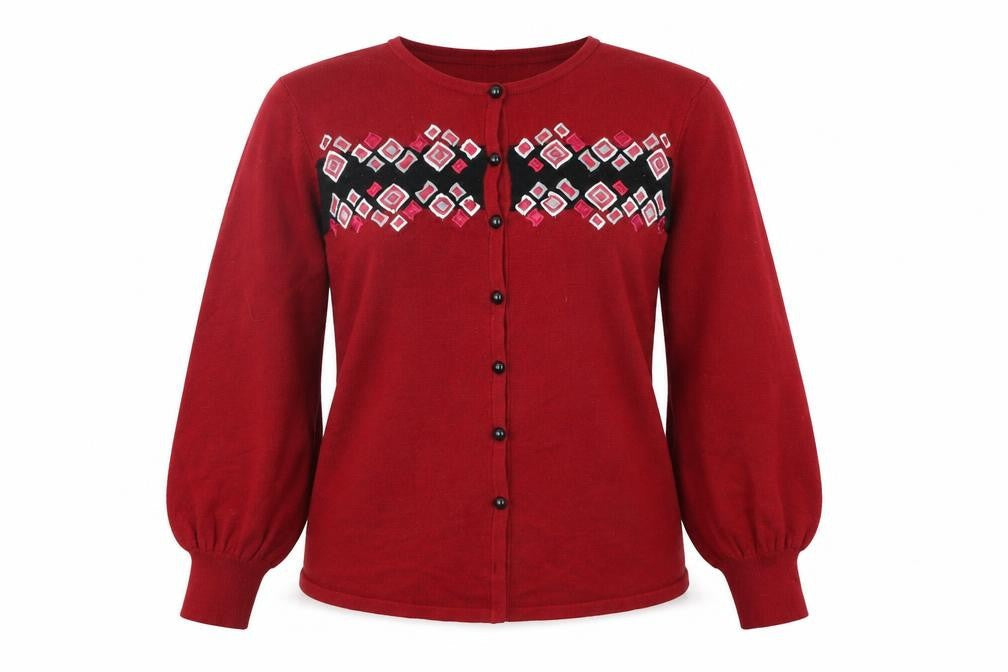 Front view of BOB MODERN women’s red floral cardigan jumper, size M