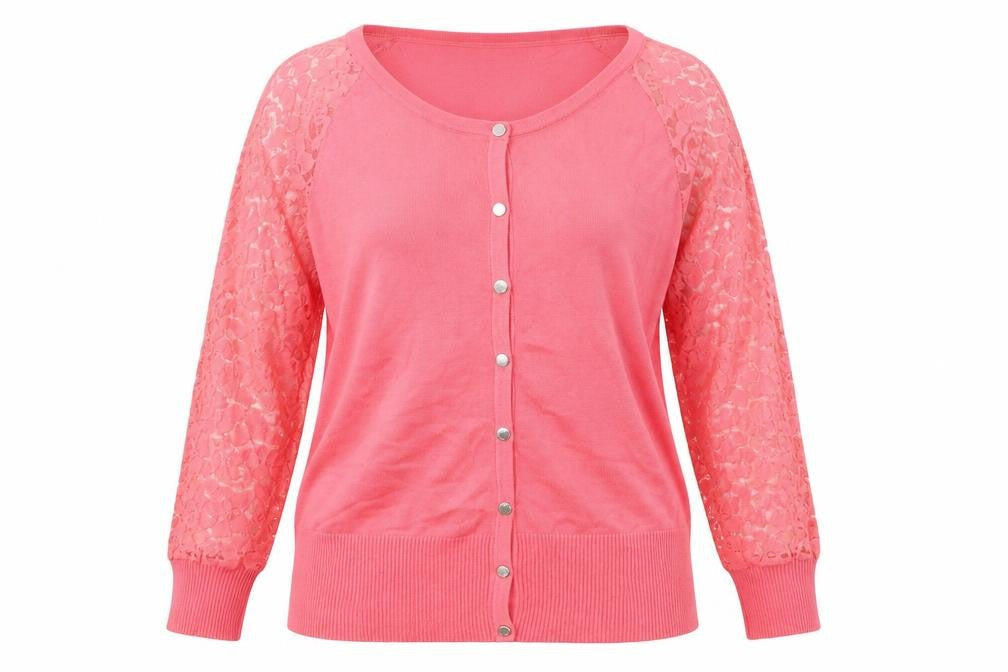 Front view of Marble women’s pink knit cardigan jumper, size M, - lace sleeves