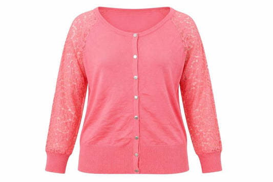 Front view of Marble women’s pink knit cardigan jumper, size M, - lace sleeves