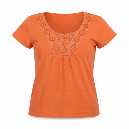 Front view of St johns bay women’s pink geometric basic t-shirt, size S