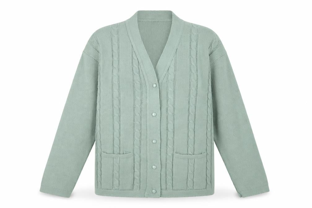 Front view of Etiquette women’s green knit cardigan jumper, size M
