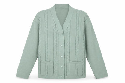 Front view of Etiquette women’s green knit cardigan jumper, size M