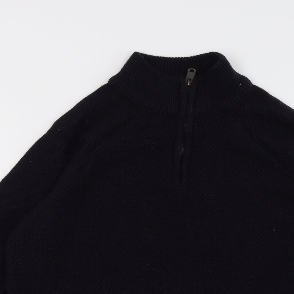 Close-up detail of TU men’s blue pullover sweatshirt, size M