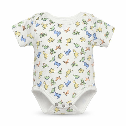 Front view of Bebe Bonito boys’ white animal print romper one-piece, size 0-3, months - dinasour print
