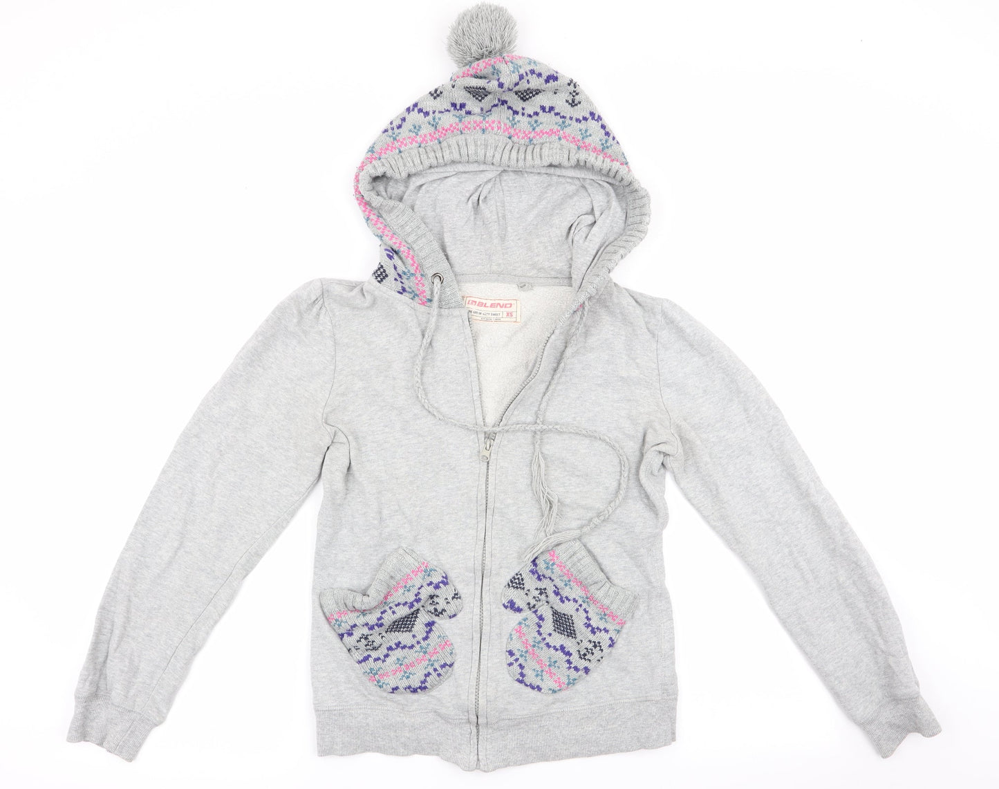 G Blend Womens Grey Geometric  Full Zip Hoodie Size XS  - Knitted hood and pockets