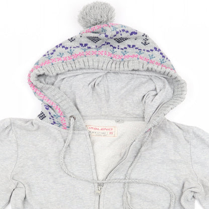 G Blend Womens Grey Geometric  Full Zip Hoodie Size XS  - Knitted hood and pockets