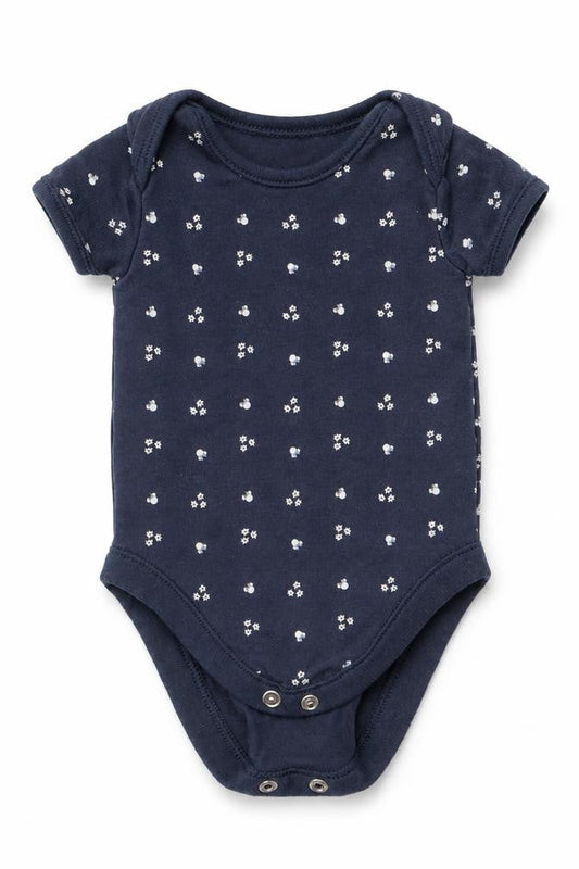 Front view of Disney Baby at George girls’ blue floral romper one-piece, size 0-3, months