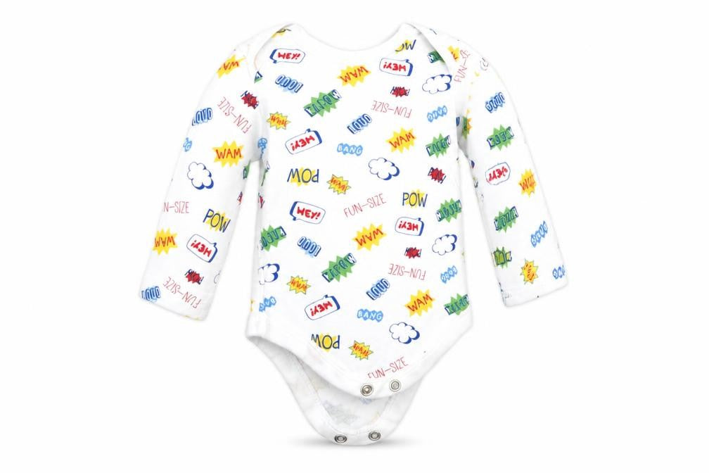 Front view of Pep&Co boys’ white romper one-piece, size 0-3, months - text print