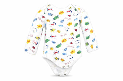 Front view of Pep&Co boys’ white romper one-piece, size 0-3, months - text print