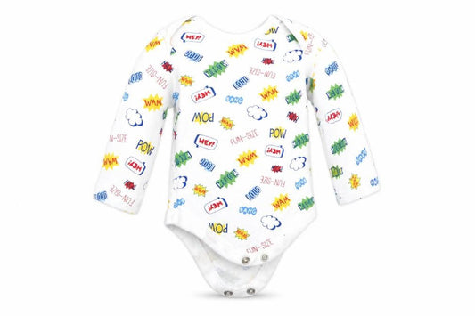 Front view of Pep&Co boys’ white romper one-piece, size 0-3, months - text print