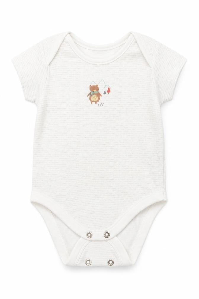 Front view of Lullaby boys’ green striped romper one-piece, size 3-6, months - bear logo
