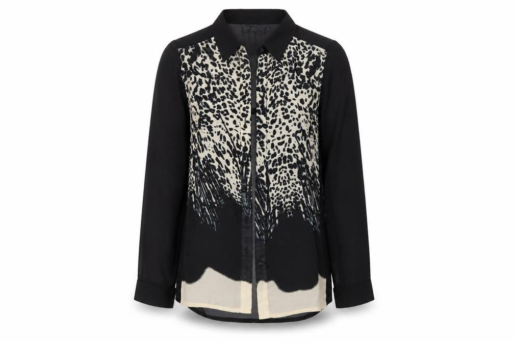 Front view of Tutti Frutti women’s black animal print basic button-up, size UK 8