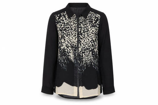 Front view of Tutti Frutti women’s black animal print basic button-up, size UK 8