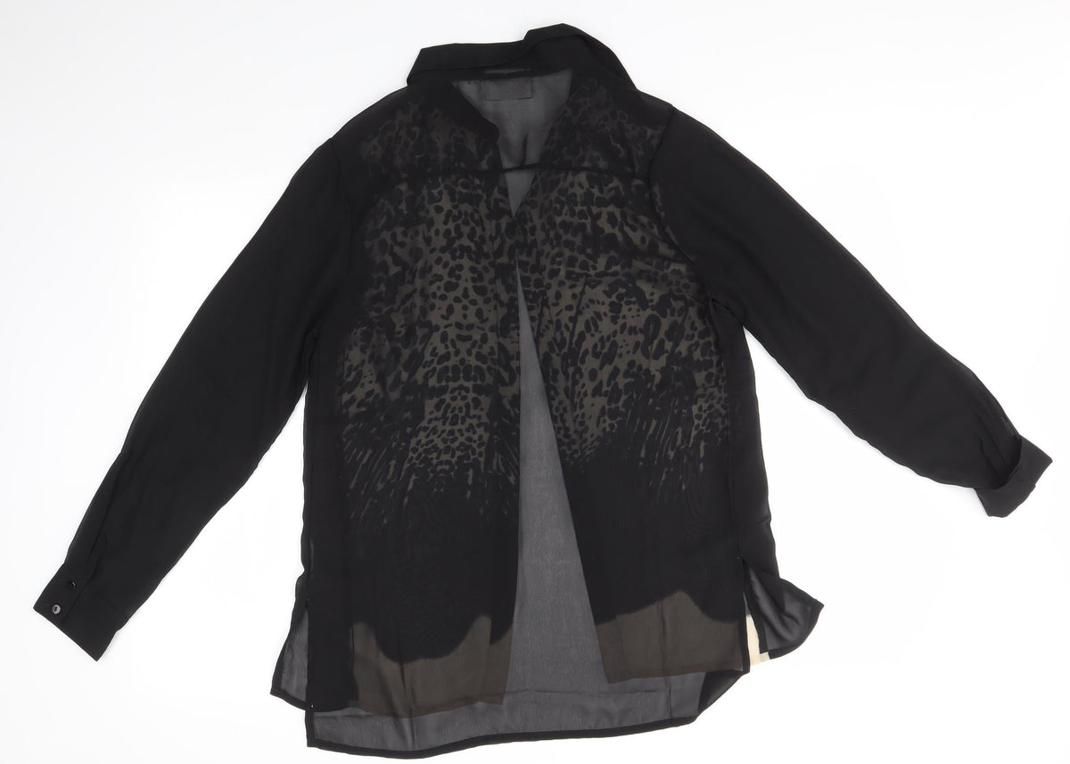Back view of Tutti Frutti women’s black animal print basic button-up, size UK 8
