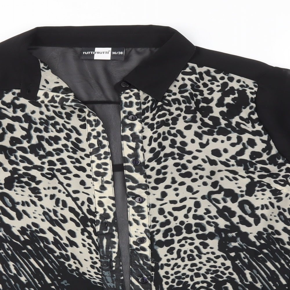 Close-up detail of Tutti Frutti women’s black animal print basic button-up, size UK 8