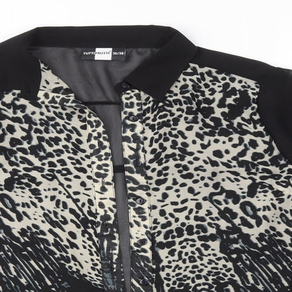 Close-up detail of Tutti Frutti women’s black animal print basic button-up, size UK 8