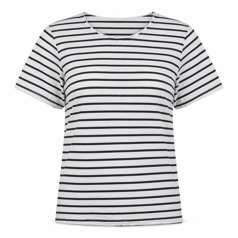 Front view of Saxnet women’s multicoloured striped basic t-shirt, size L