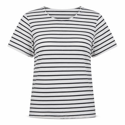 Front view of Saxnet women’s multicoloured striped basic t-shirt, size L