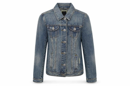 Front view of 17&Co women’s blue denim jacket, size S