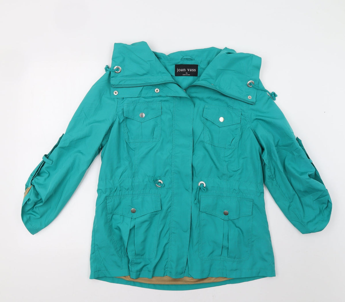 Additional front view of Joan Vass women’s green jacket, size XL