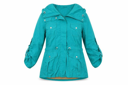 Front view of Joan Vass women’s green jacket, size XL
