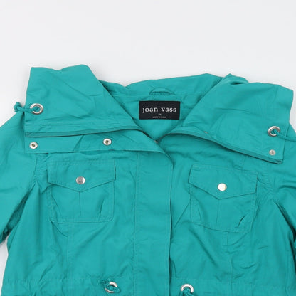 Close-up detail of Joan Vass women’s green jacket, size XL