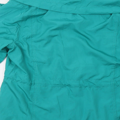 Brand and care label for Joan Vass women’s green jacket, size XL