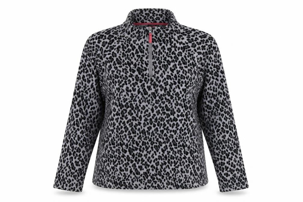 Front view of M Collection women’s grey animal print henley sweatshirt, size L