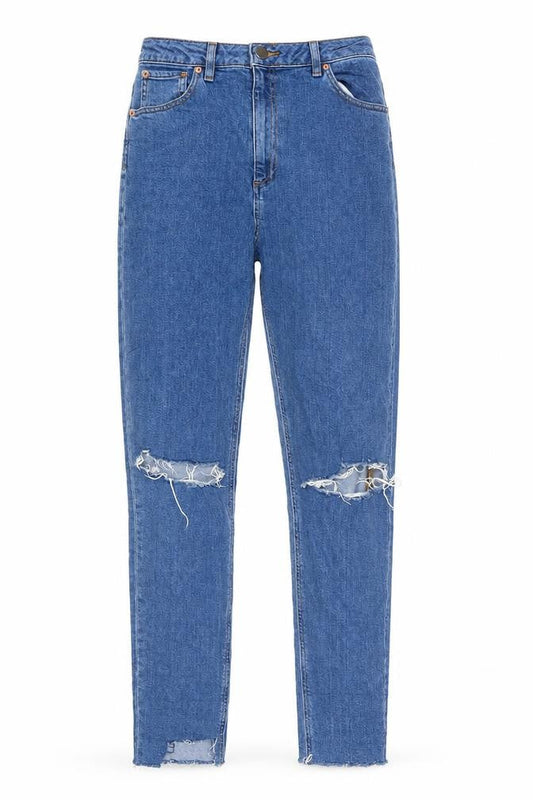 Front view of ASOS women’s blue straight jeans, size UK 28, in, 36-inch leg