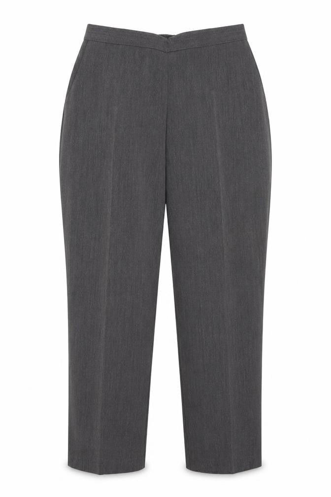 Front view of Preworn women’s grey trousers, size UK 20, 28-inch leg
