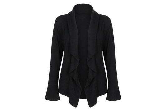 Front view of Moda women’s black cardigan jumper, size UK 14