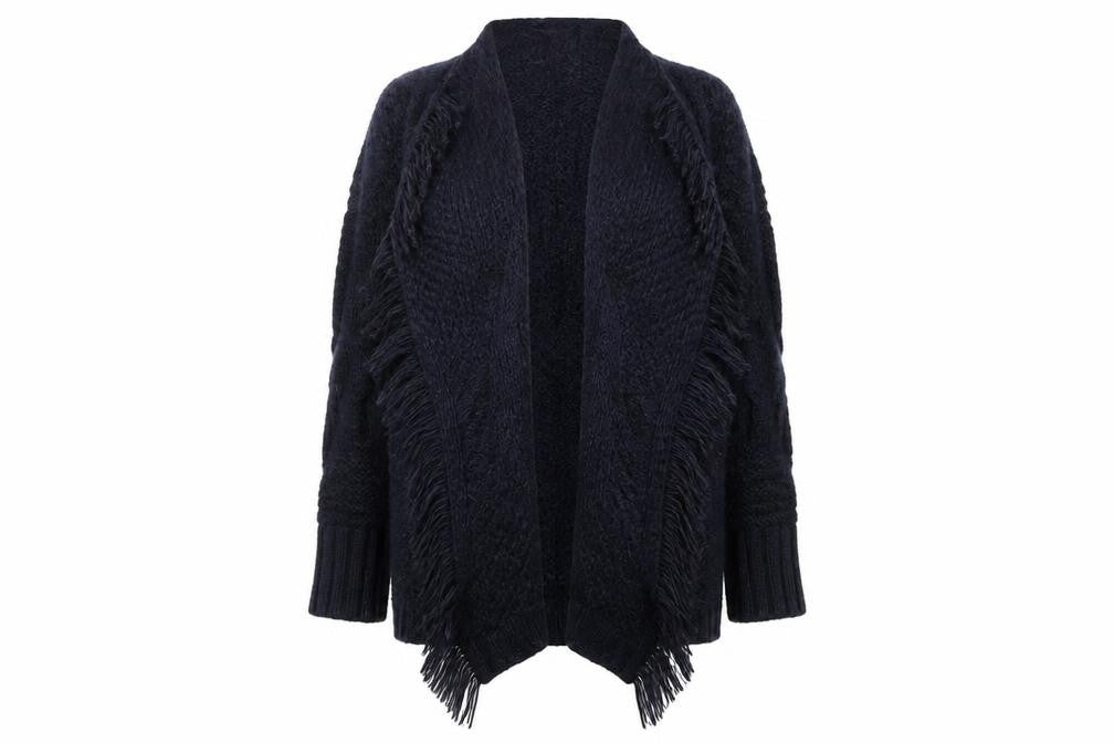Front view of Cotton Traders women’s blue knit cardigan jumper, size UK 8, - waterfall