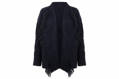 Front view of Cotton Traders women’s blue knit cardigan jumper, size UK 8, - waterfall