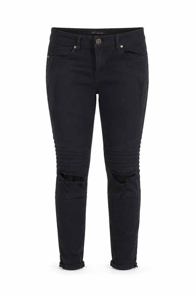 Front view of women’s black denim skinny jeans, size UK 6, 27-inch leg