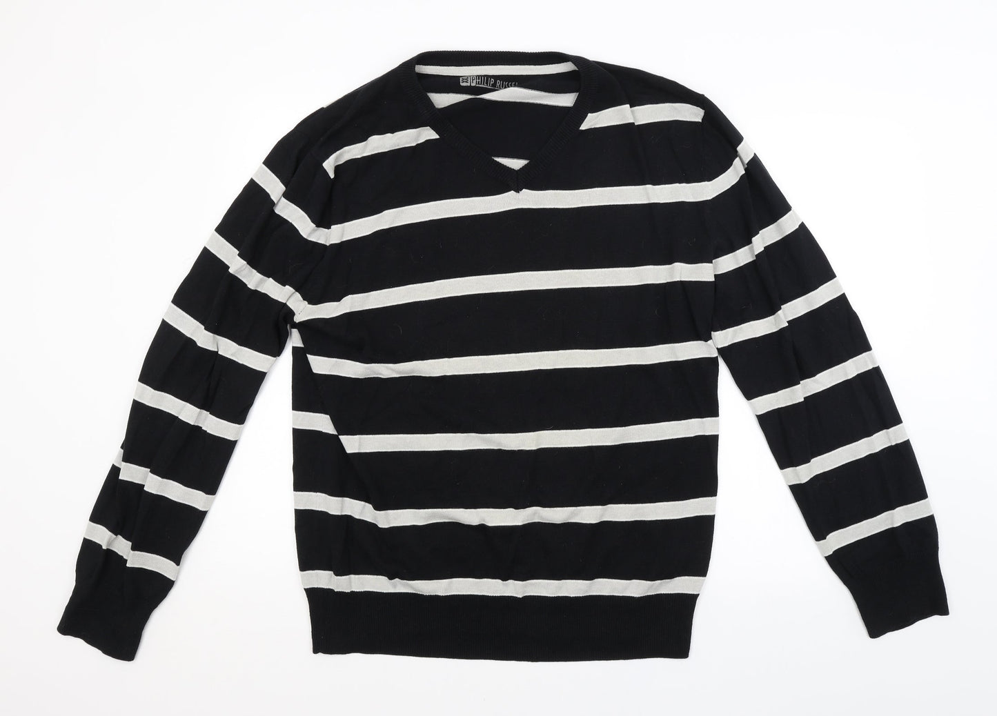 PHILLIP RUSSEL Mens Black Striped  Pullover Jumper Size 2XL