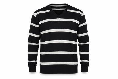 Front view of PHILLIP RUSSEL men’s black striped jumper, size 2XL
