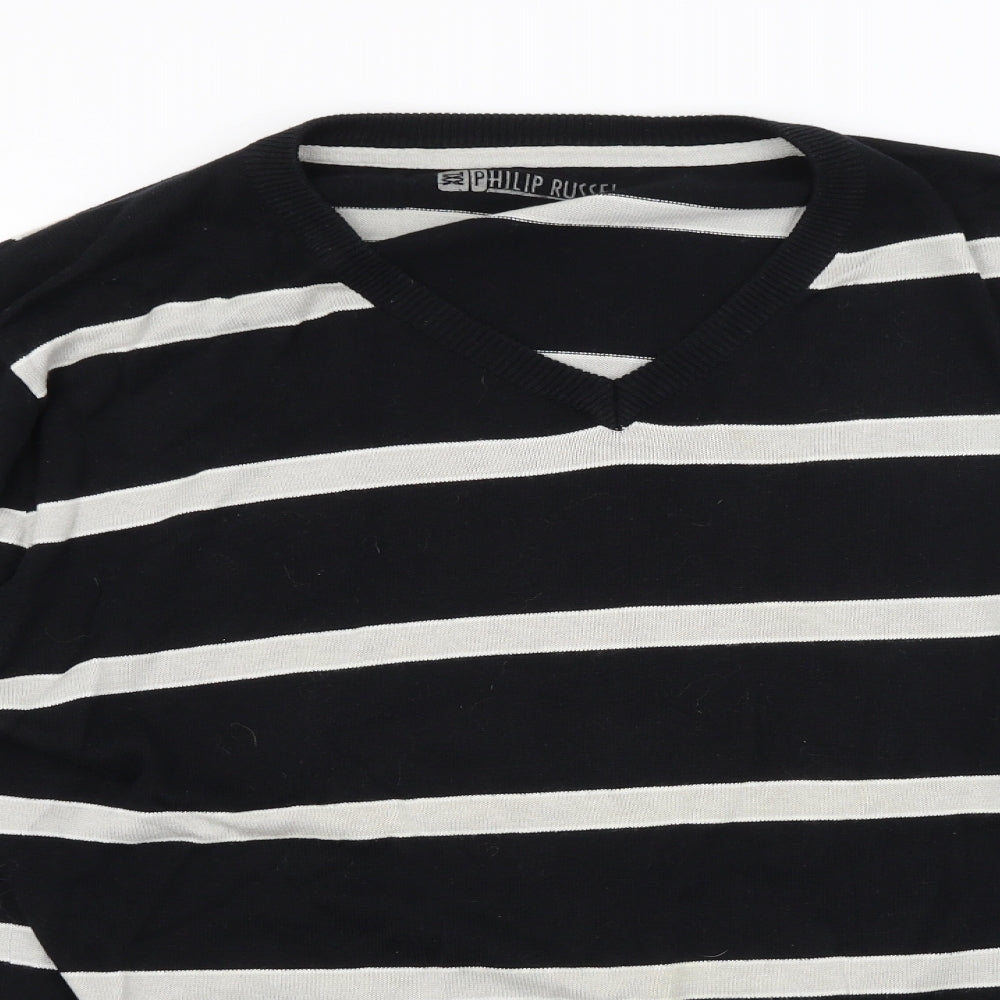 PHILLIP RUSSEL Mens Black Striped  Pullover Jumper Size 2XL