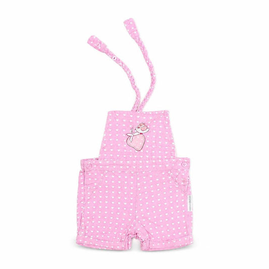 Front view of Nursey Times Baby Pink Polka Dot Dungaree One-Piece, size 0-3, Months