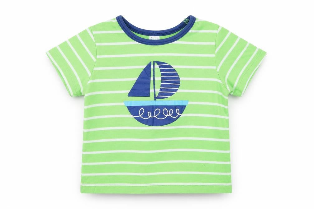Front view of Mini Club Baby Green Striped Basic T-Shirt, size 18-24, Months