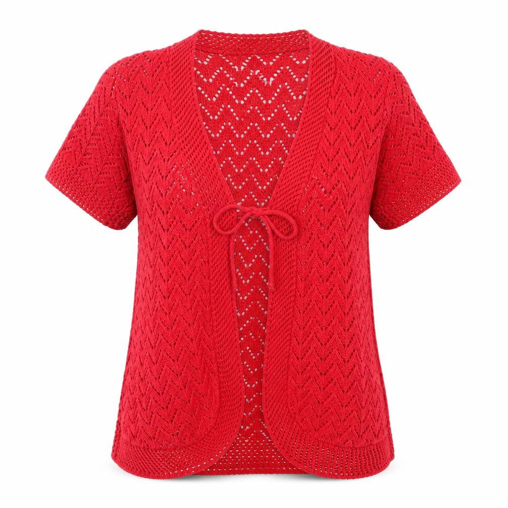 Front view of Destiny women’s red knit cardigan jumper, size S