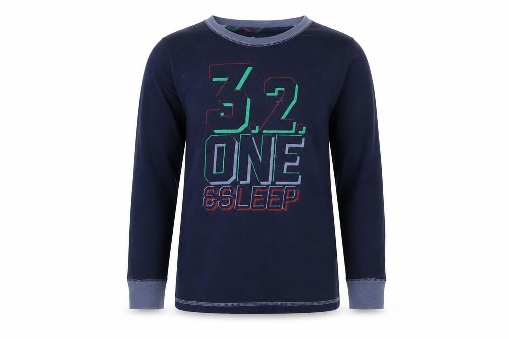 Front view of Tu boys’ blue geometric pyjama top, size 10-11, years