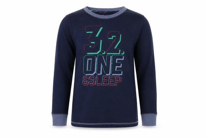 Front view of Tu boys’ blue geometric pyjama top, size 10-11, years