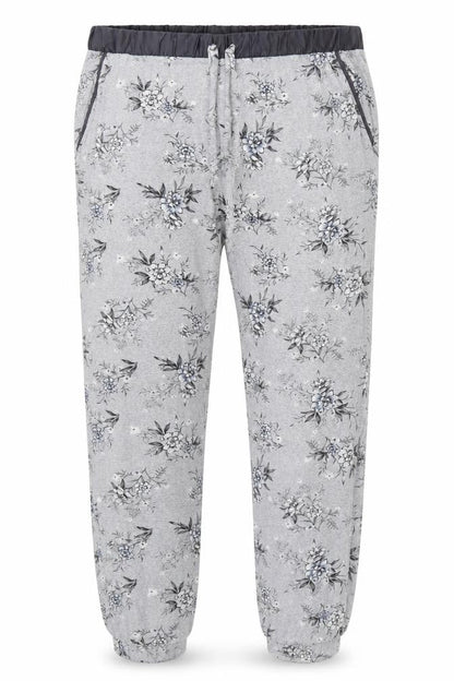 Front view of Preworn women’s grey floral trousers, size UK 36, in, 28-inch leg - pyjama pants