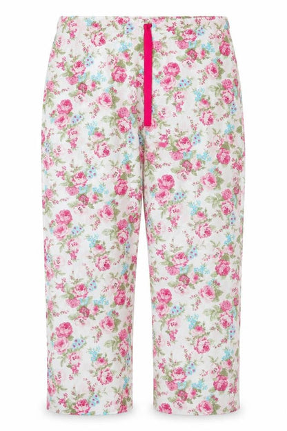 Front view of Preworn women’s multicoloured floral trousers, size UK 42, in, 28-inch leg - pyjama pants