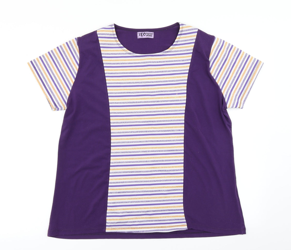 Additional front view of Teo women’s purple striped basic t-shirt, size XL