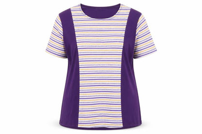 Front view of Teo women’s purple striped basic t-shirt, size XL
